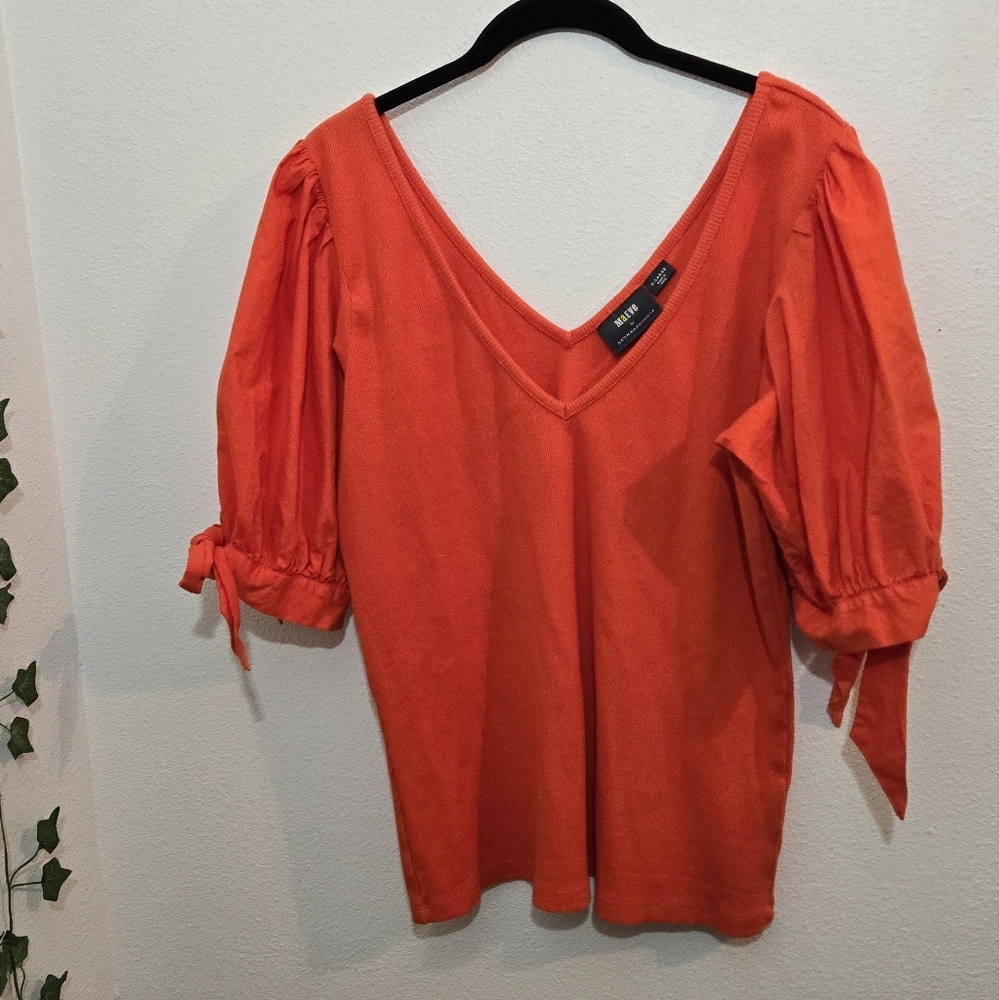 Maeve Bright Orange Puff-Sleeve V-Neck Top - Picture 4 of 13